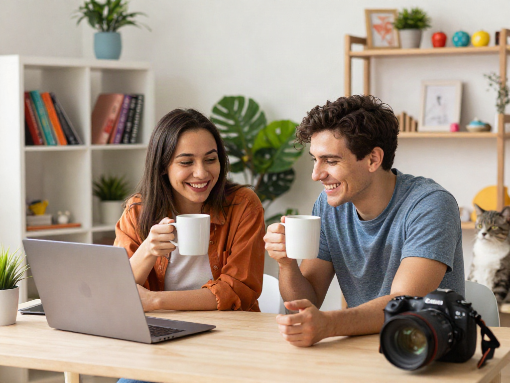 Engaging spicy chat session between two young adults in home office setups, smiling and enjoying lively conversation.