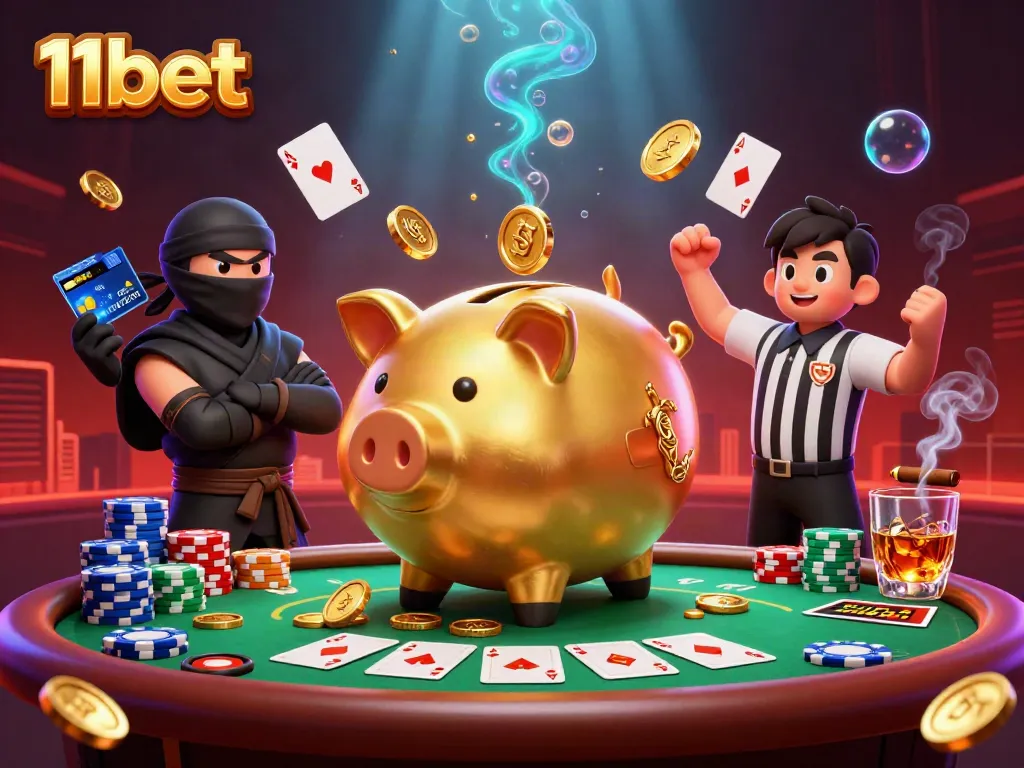 Experience the excitement of 11bet with a lively 3D illustration showcasing casino elements and characters.