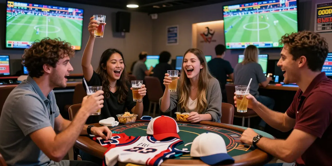 Exciting atmosphere at a sports betting lounge celebrating 토토사이트 검증 먹튀스팟 winnings with friends.