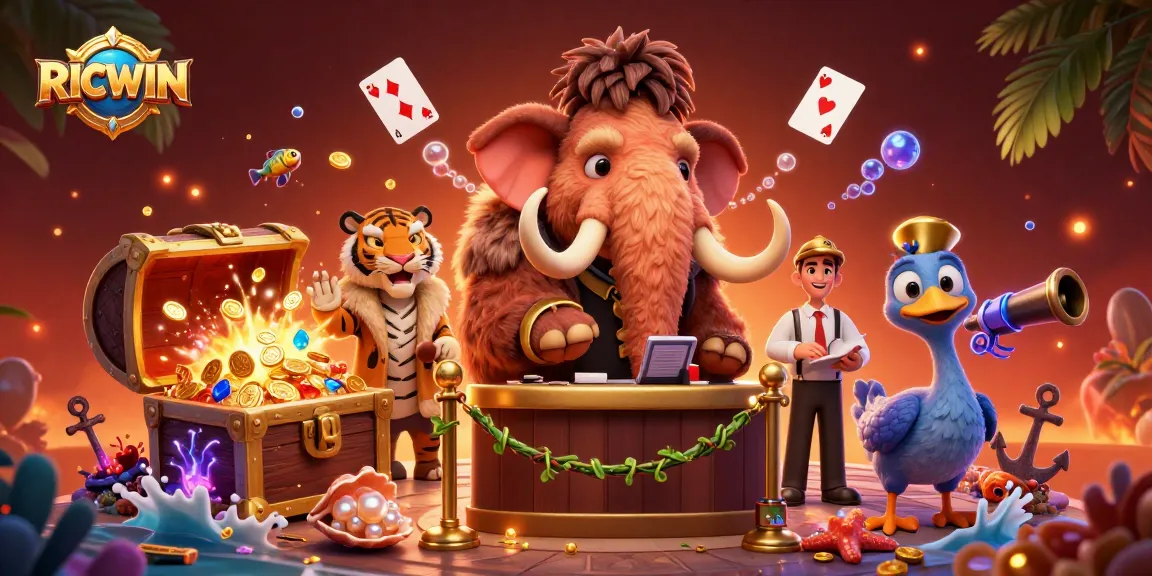 Experience RICWIN with a vibrant illustration of a casino bouncer, VIPs, and game elements in a dynamic setting.
