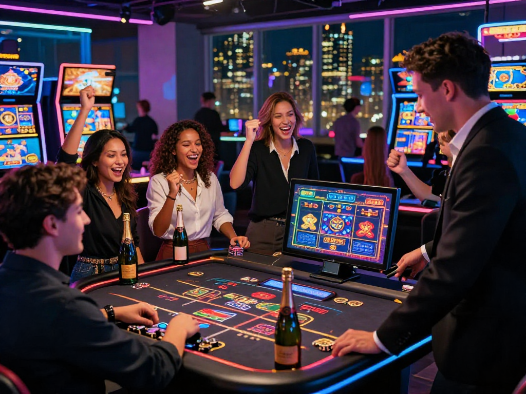 Exciting scene in a crypto casino with diverse players celebrating a win, illuminated digital screens showcasing vibrant games.