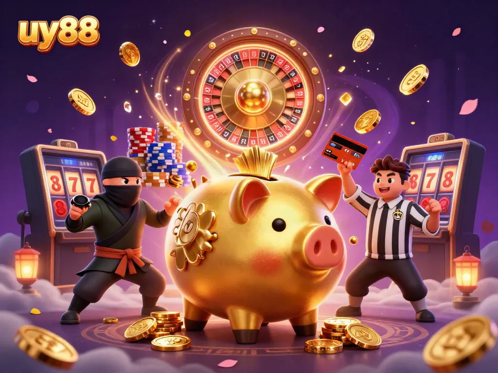 Experience the excitement of uy88 with a dynamic scene featuring a golden piggy bank sumo wrestler and casino elements.
