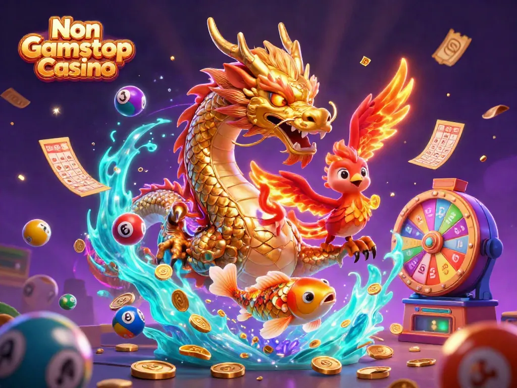 Engaging scene featuring Non Gamstop Casino elements with a golden dragon, phoenix, and koi fish surrounded by dynamic lottery symbols.