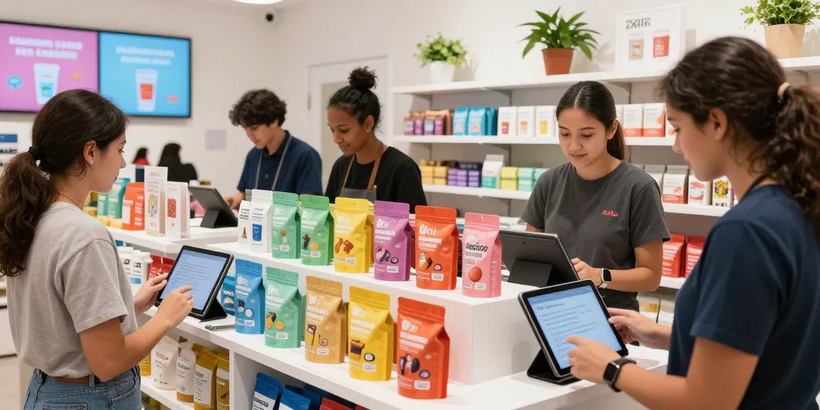 Koi Aminos marketplace showcasing vibrant product displays with engaging shoppers in a modern retail environment.
