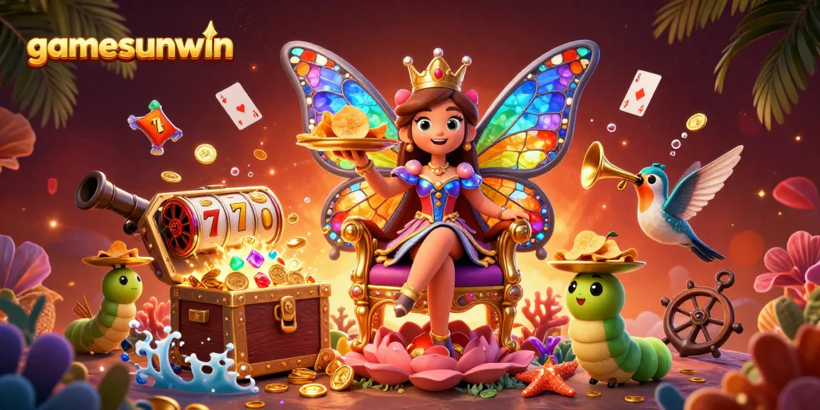 Engage with gamesunwin's vibrant 3D casino world featuring a butterfly queen and dynamic gaming elements.