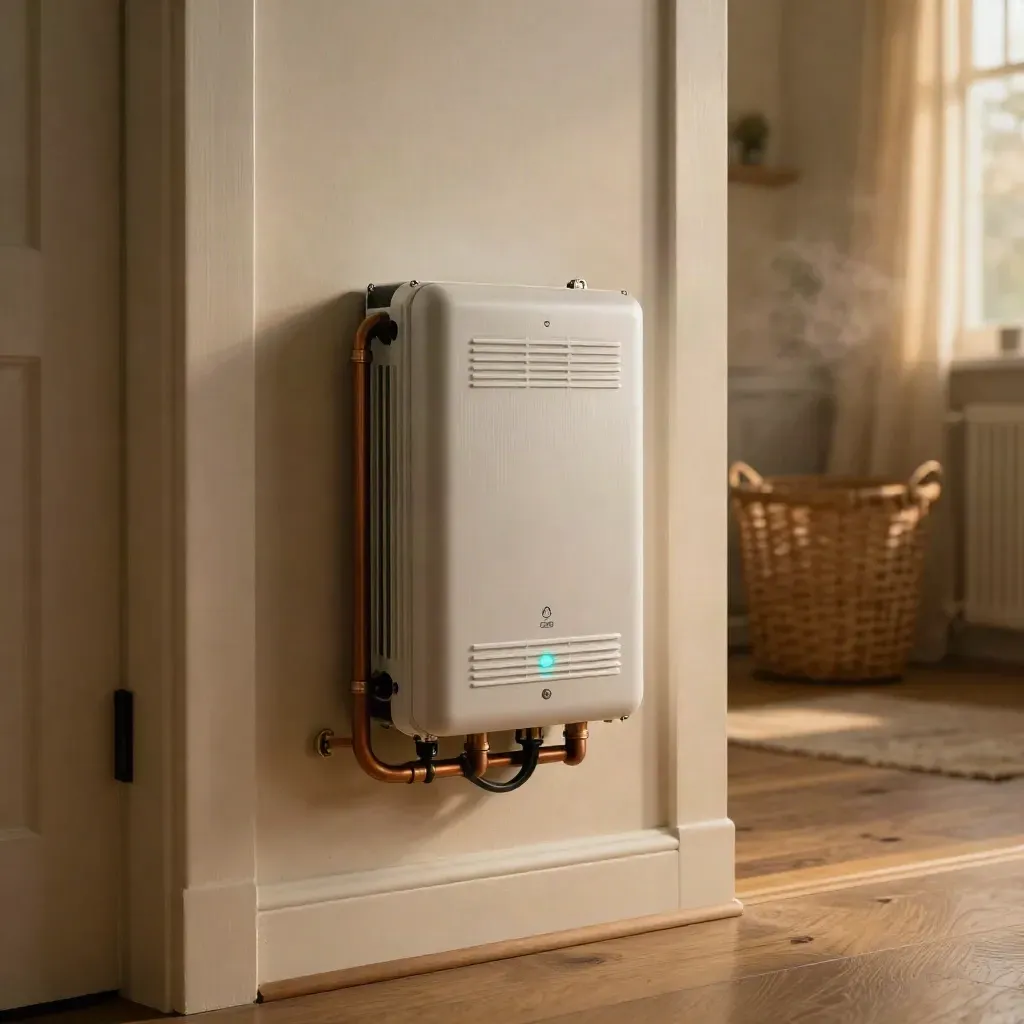 Wall battery and inverter in a cozy utility room with copper pipes and a laundry basket.