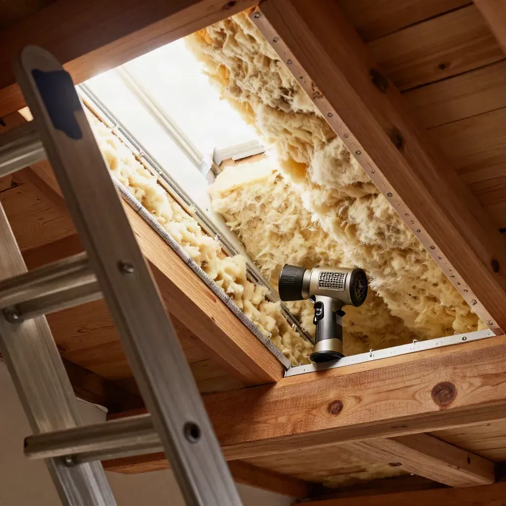 Loft hatch with fresh insulation, draught seals, pipe lagging and a torch in soft daylight.