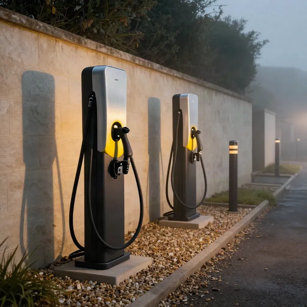Two EV charger pedestals glowing at dusk on a gravel drive by a stone wall.