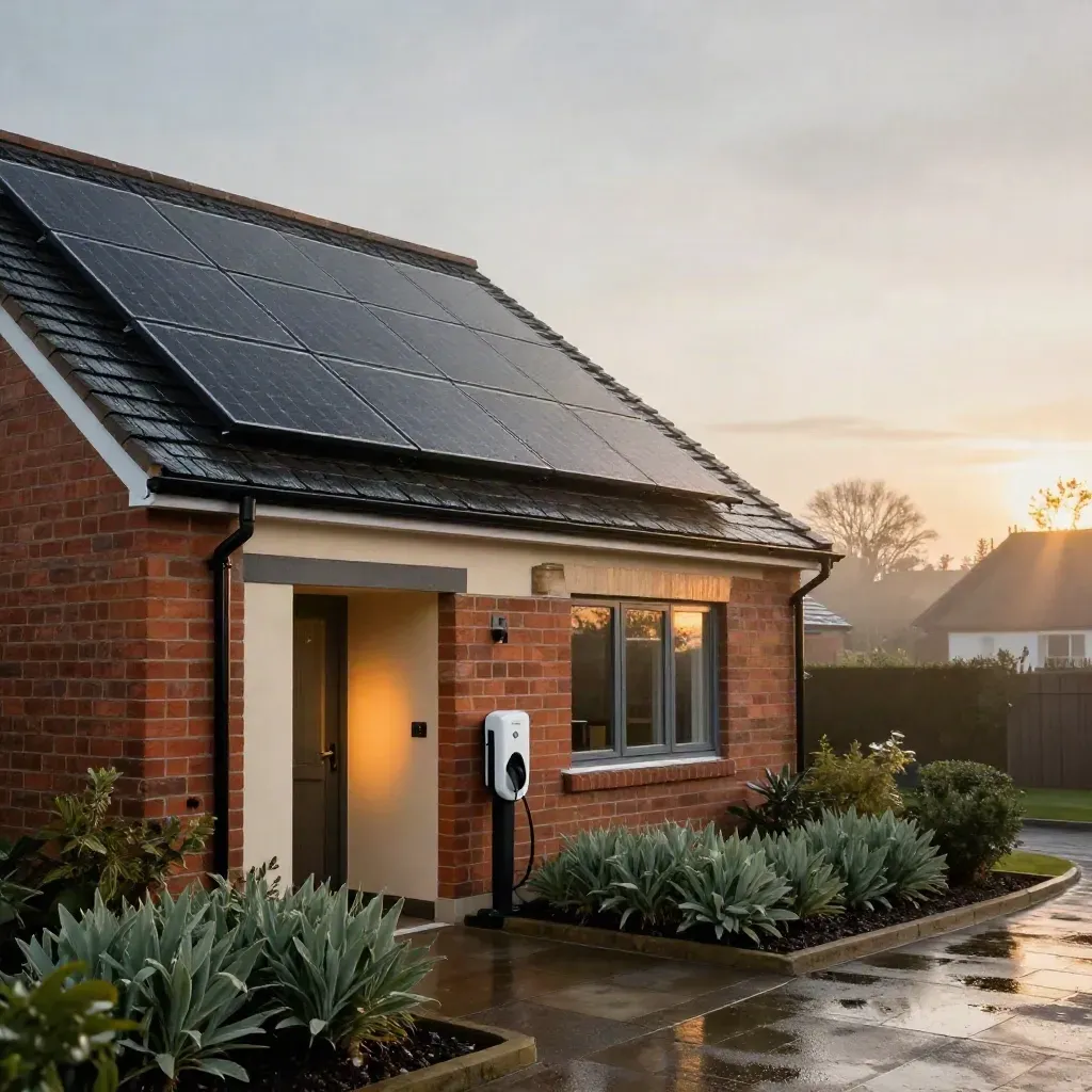Rain-dark UK semi-detached home with solar panels, glowing battery cupboard and driveway EV charger at sunrise.
