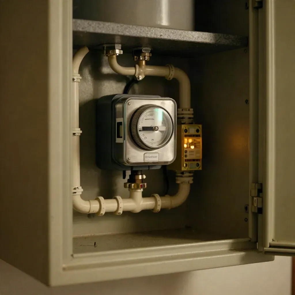 Smart meter cupboard with timer, insulated pipes and amber relay light in a dark utility nook.