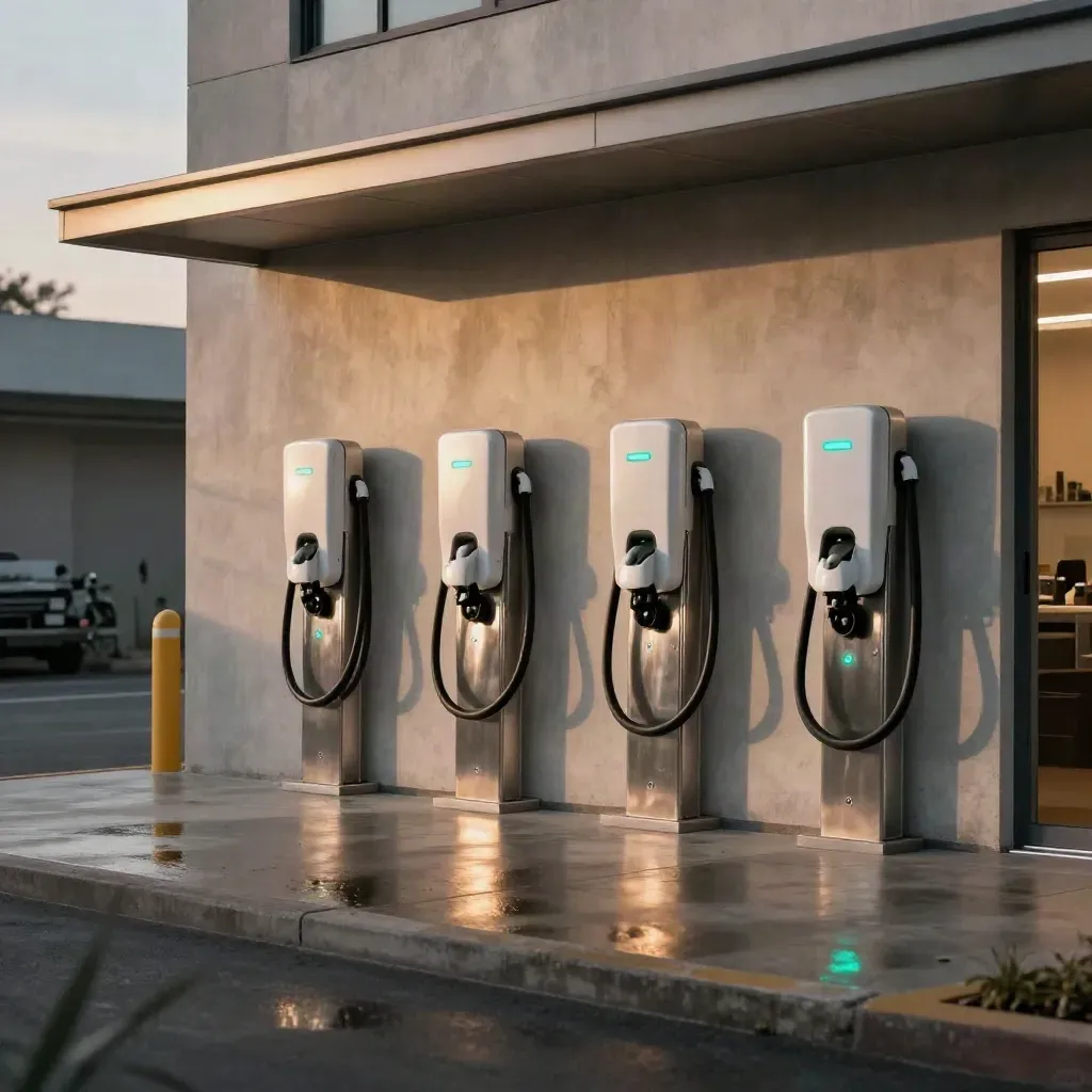 Four EV chargers beneath a steel canopy on a misty workshop forecourt at dusk.