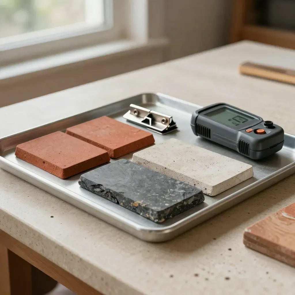 Solar advice samples on a travertine bench: roof tiles, PV clips and a meter shell.