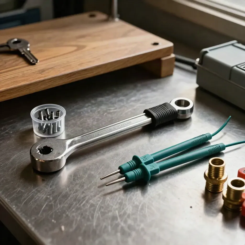 Electrical engineer tools on a steel bench: torque wrench, ferrules, probes and cable glands.