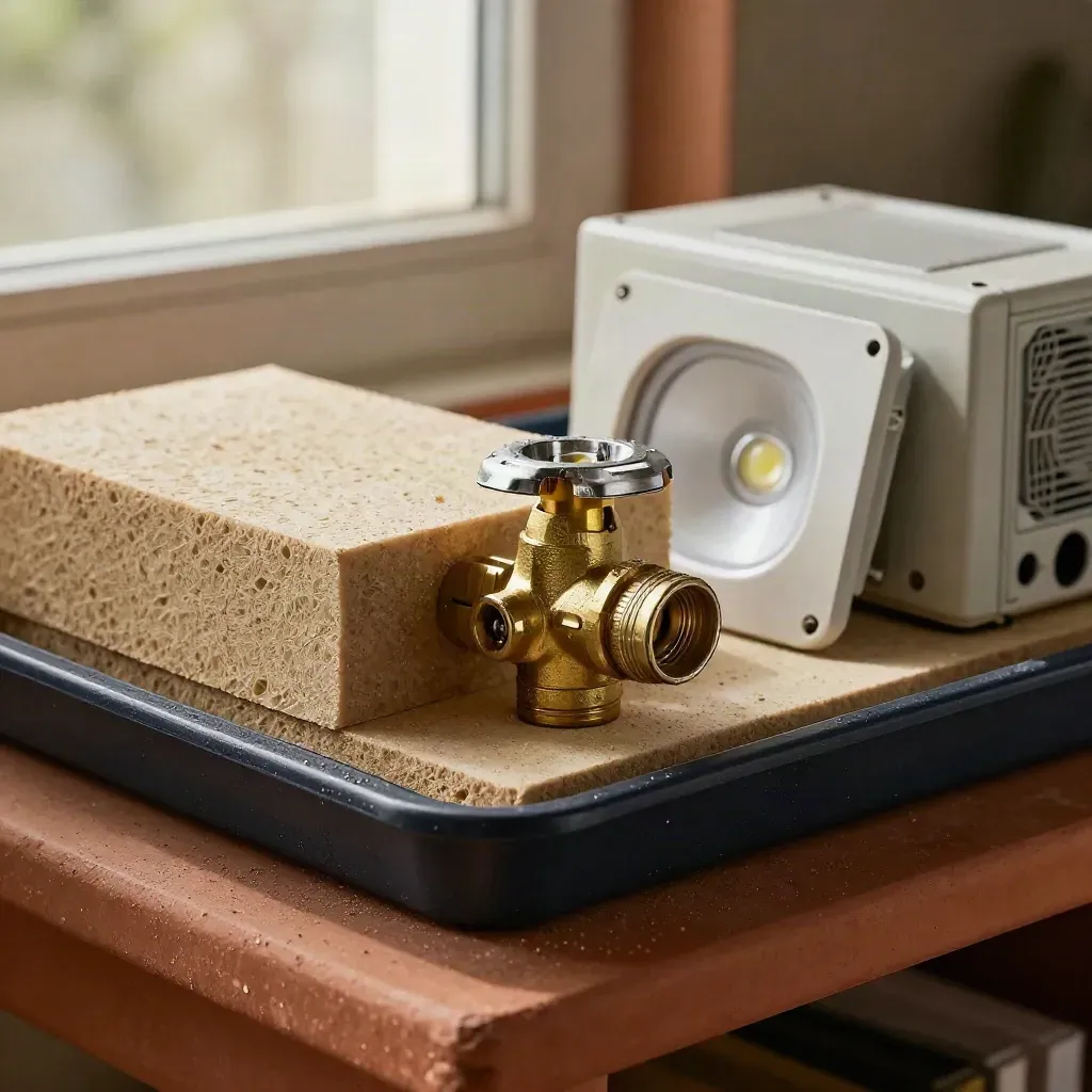 Macro tray of retrofit tools: insulation board, valve, downlight and heat-pump control module.