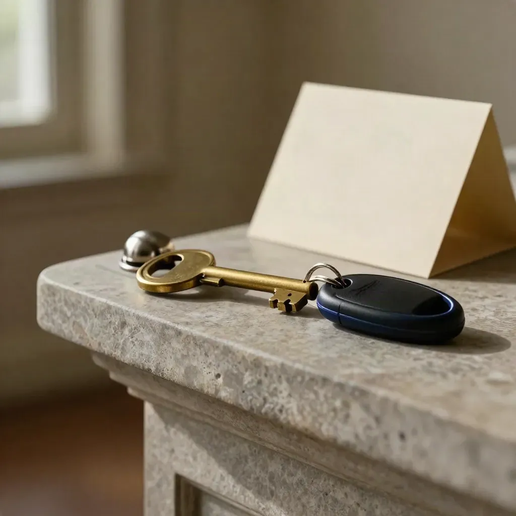 Brass house key, doorbell button and black key fob on a stone entry shelf