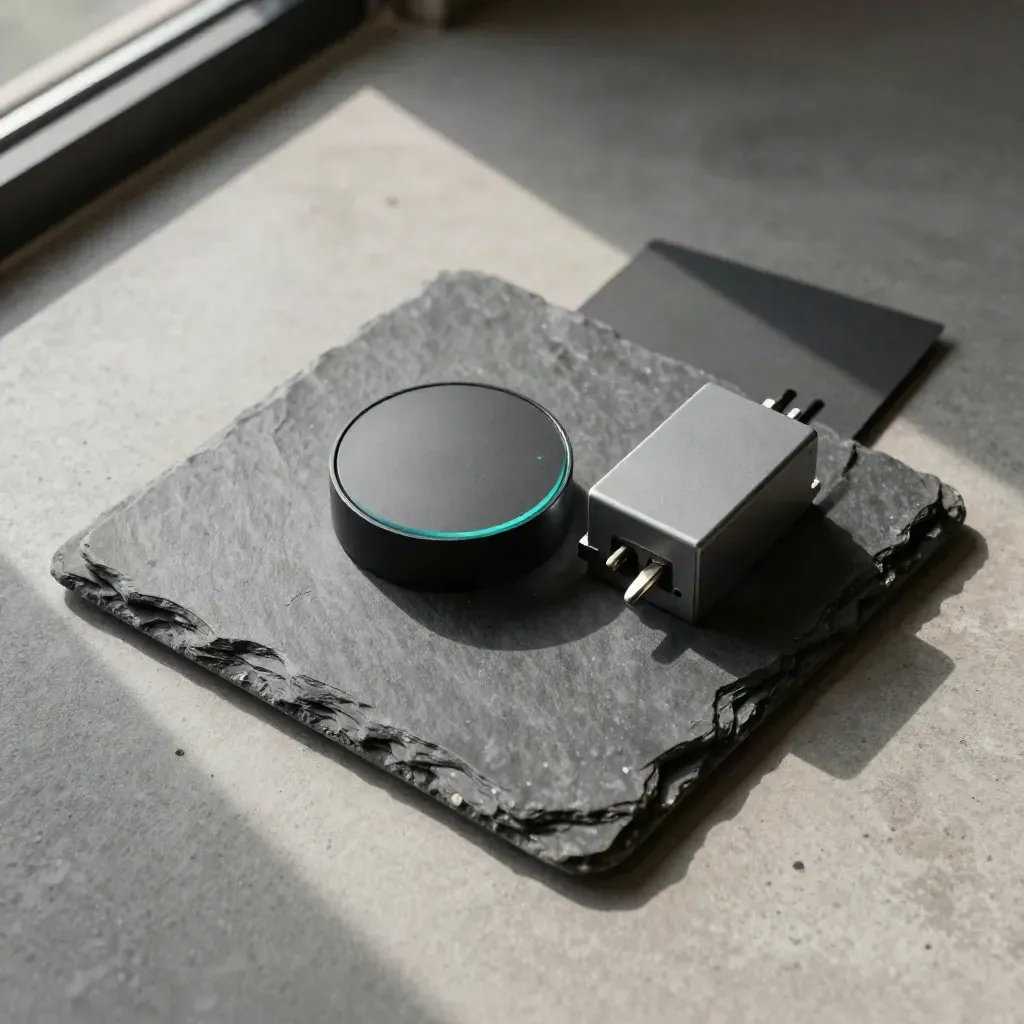 Slate tile, sensor puck and relay in a precise overhead diagnostic flatlay on concrete.