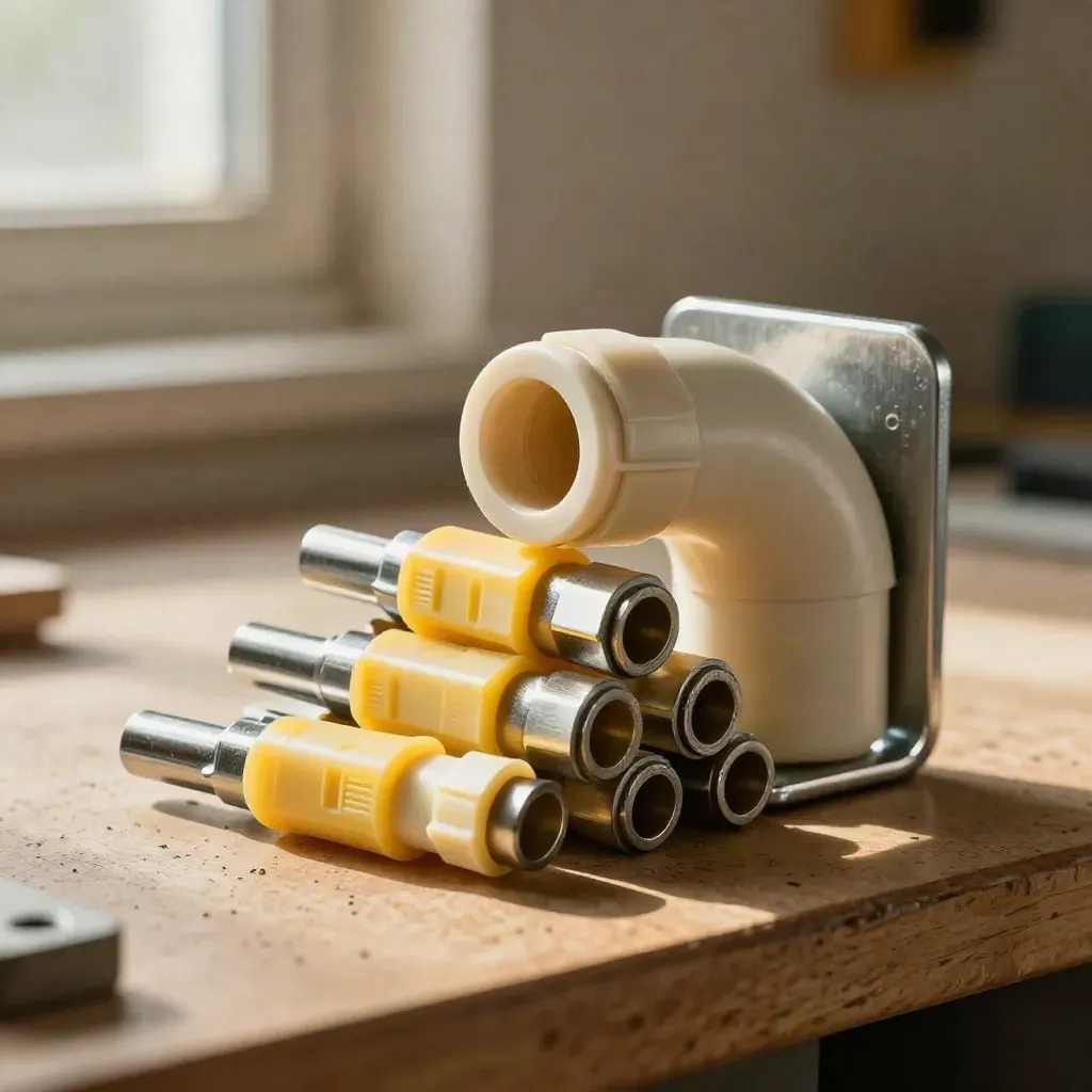 Crimped ferrules, wall bracket and conduit elbow on a workbench