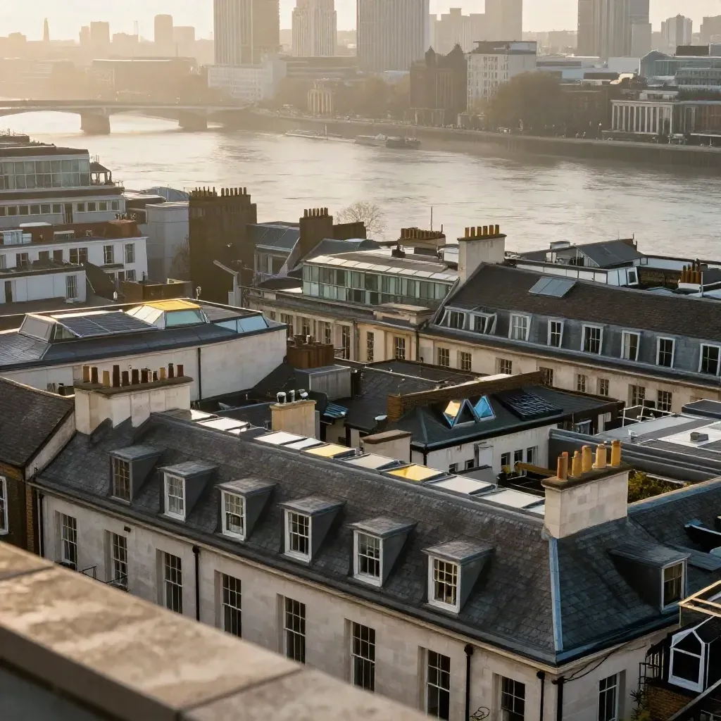 London rooftops and the Thames in golden haze, skyline high with calm water and roofs below.