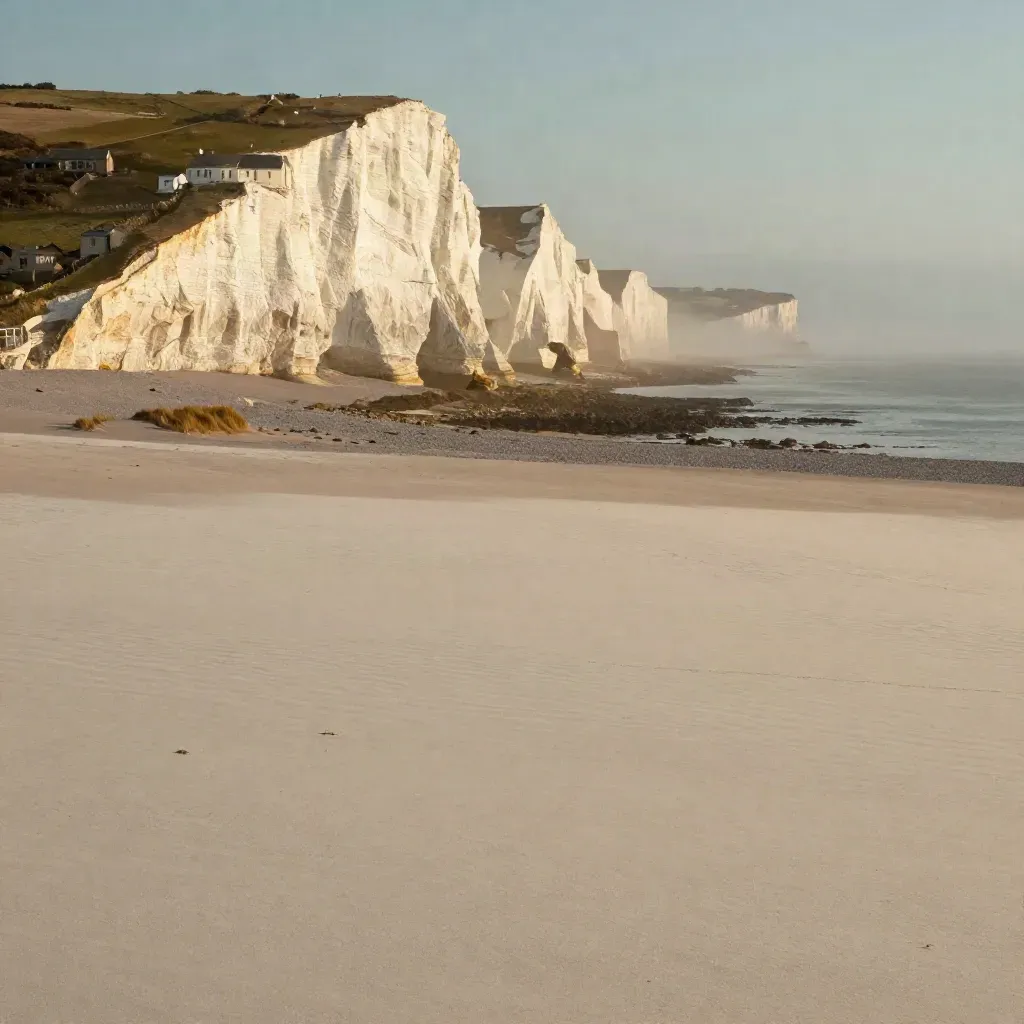 Golden South East chalk cliffs above a calm misty shoreline and open fields