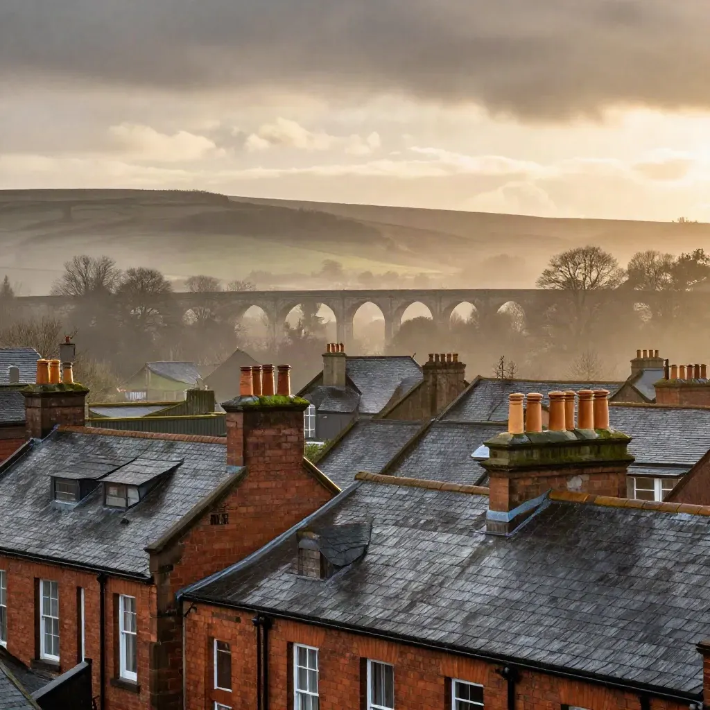Rain-washed terraced roofs, viaduct and Pennine hills under warm clearing light