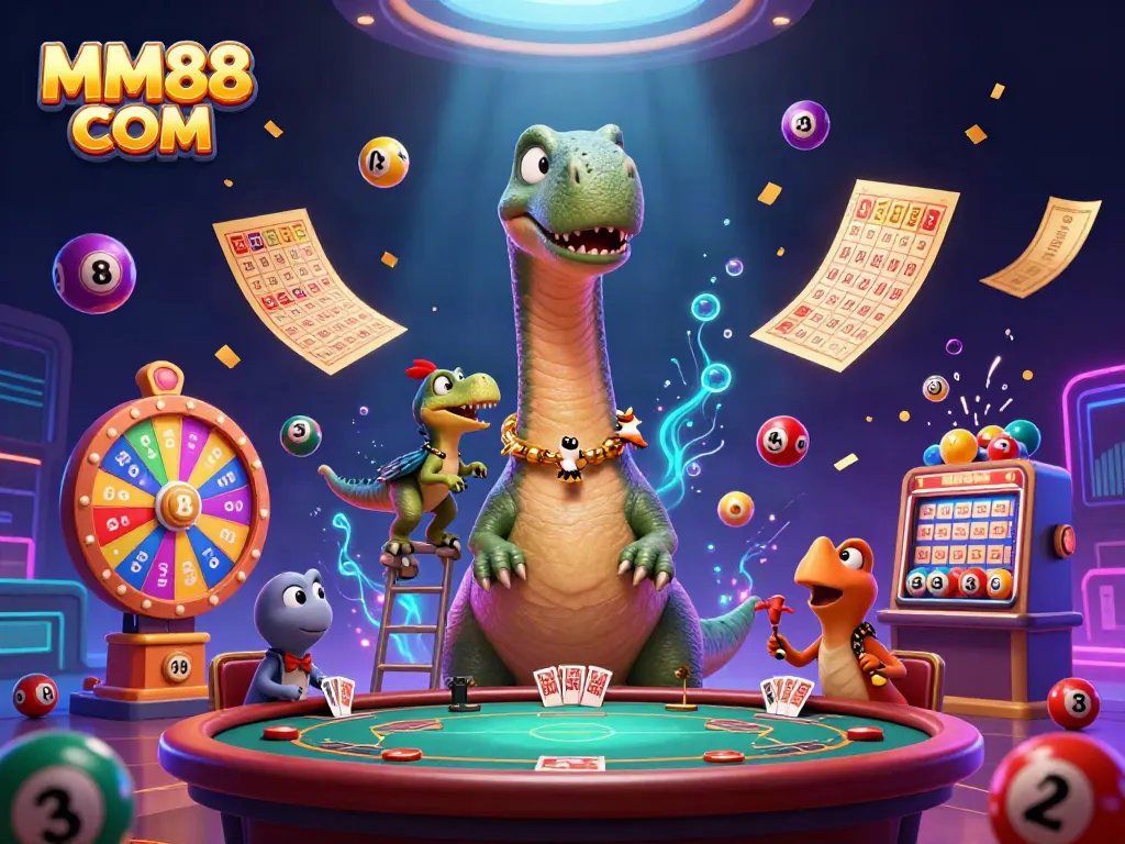 Engage with MM88 COM in a vibrant, dynamic casino scene filled with 3D cartoon characters and game elements.