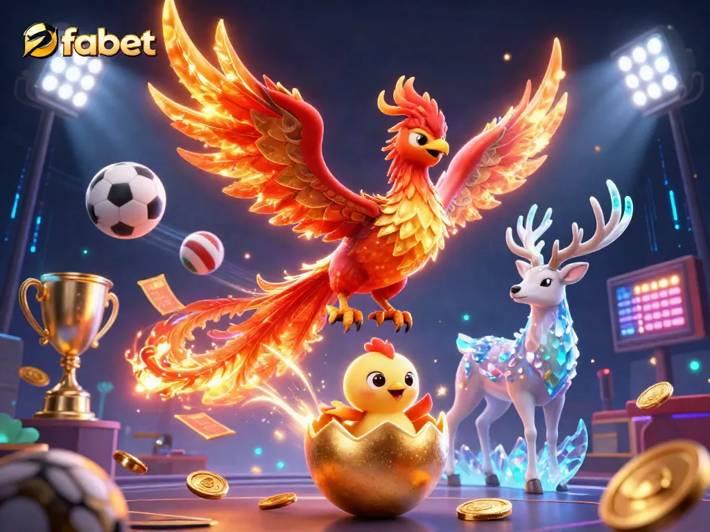 Experience thrilling bets with fabet in this high-energy, colorful 3D casino scene featuring phoenixes and sports elements.