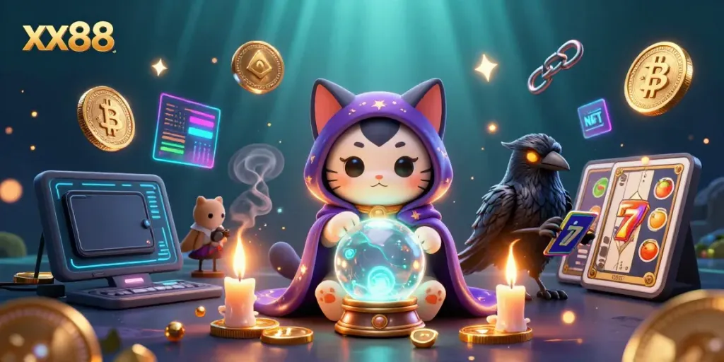 Engage with xx88 slot games featuring a mystic fortune teller cat and a tarot-dealing raven.
