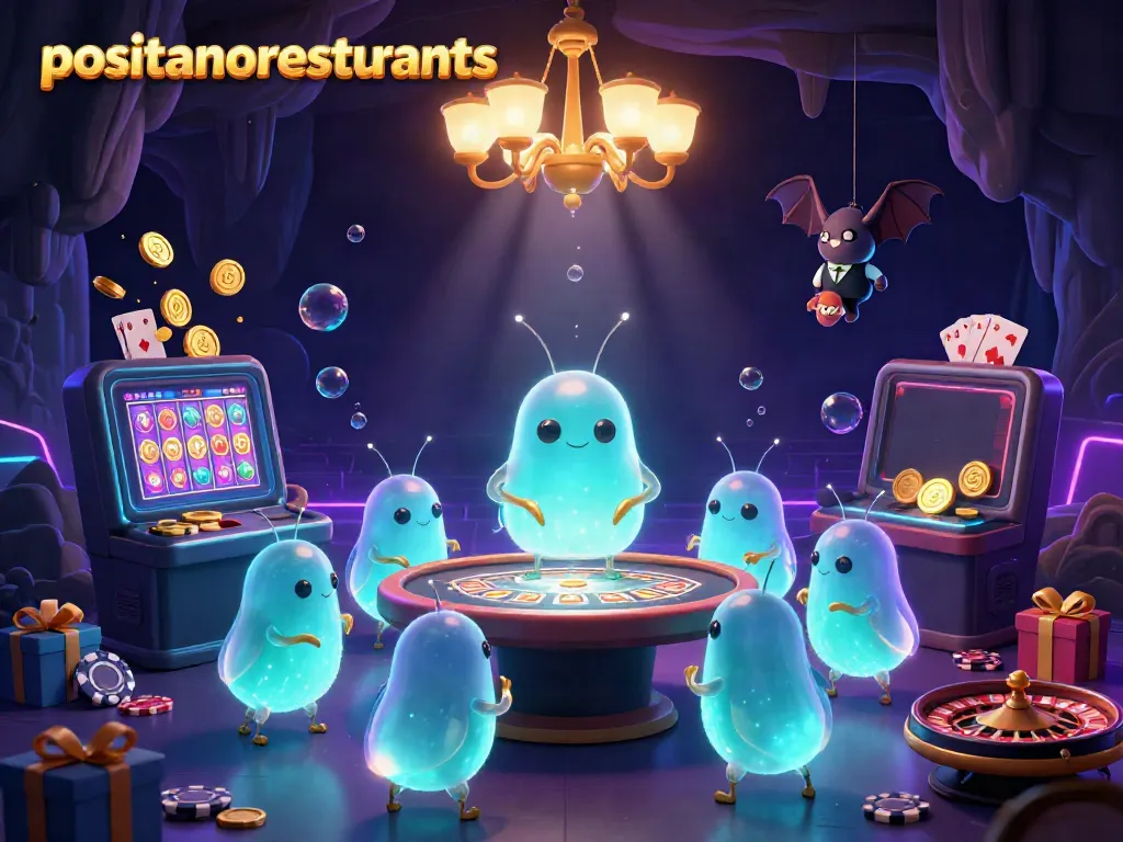 Experience the excitement in positanorestaurants with glowing glowworms lighting up a vibrant cave casino.