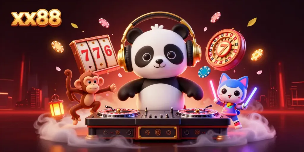 Experience the vibrant energy of xx88 with lively characters and dynamic casino elements in an engaging 3D illustration.