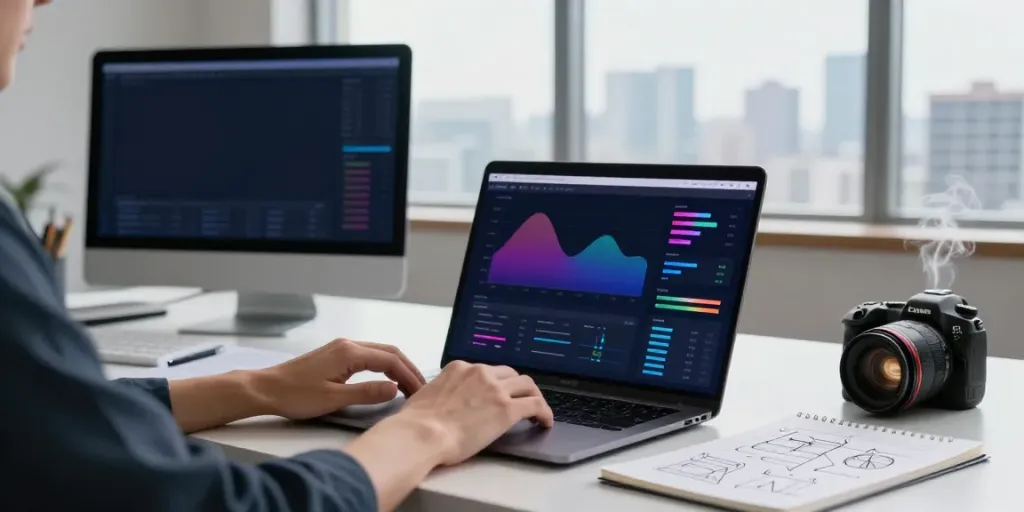 Dynamic workspace showcasing instant indexing strategies with a content strategist at a laptop.