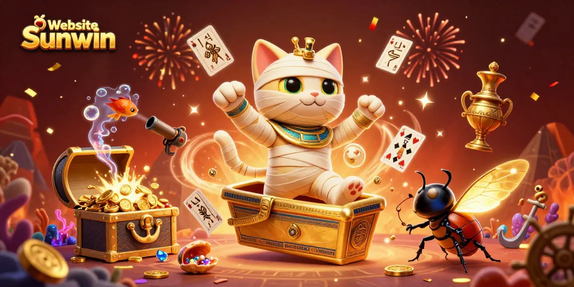 Engage with the exciting world of Website Sunwin through a lively casino scene featuring a mummy cat and treasures.