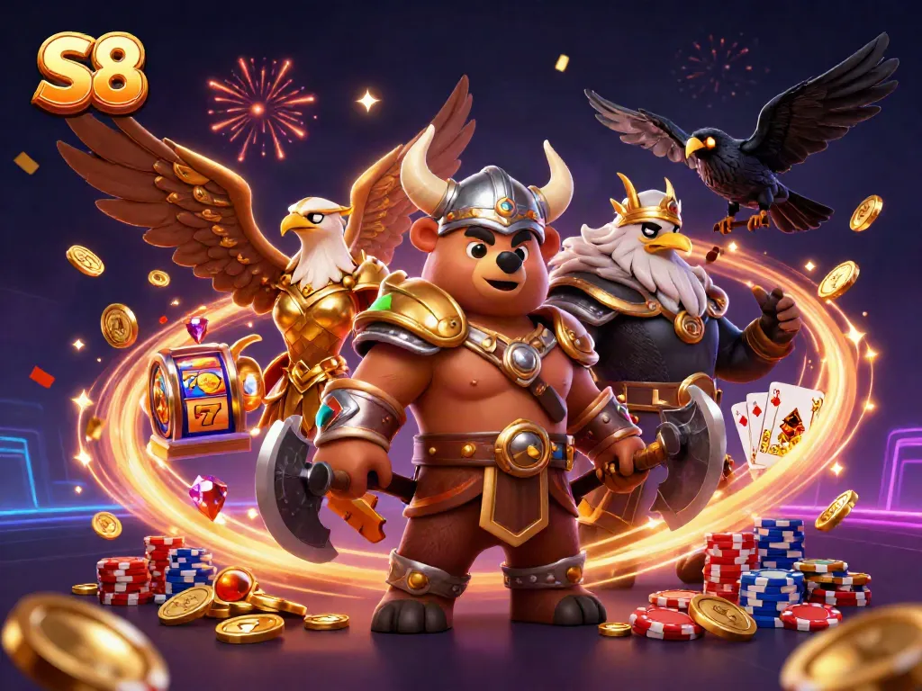 Engage with S8's exciting slot machine features in a vibrant, dynamic casino scene.