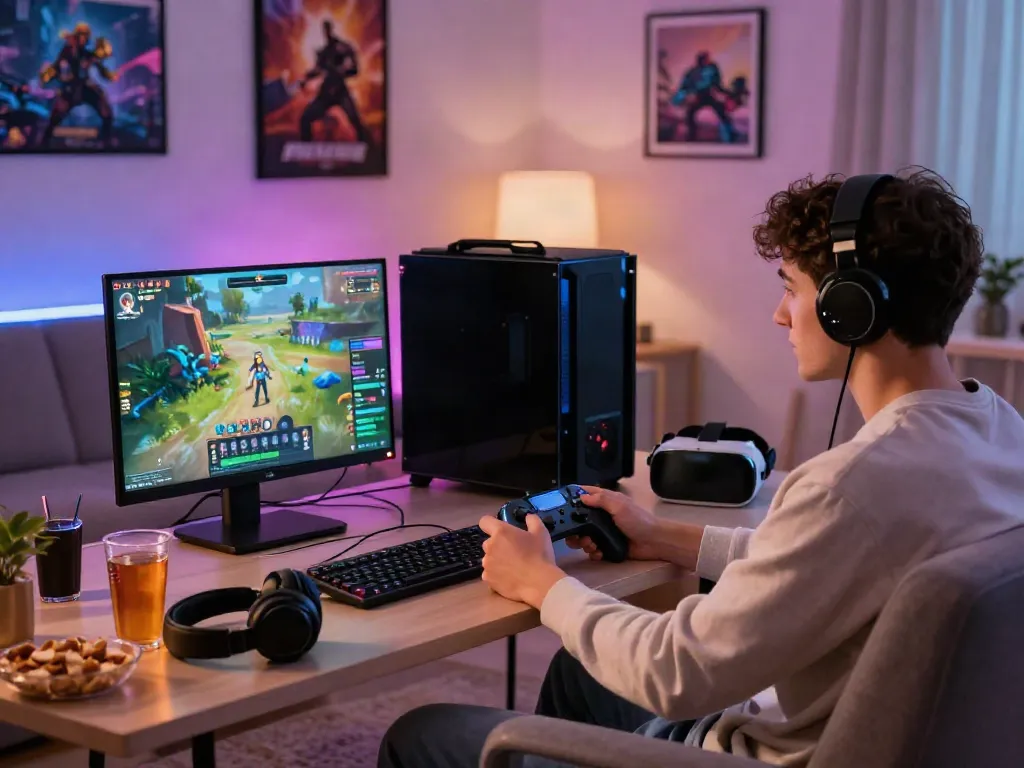 Engaging gaming scene at http://11bet-app.net/ with vibrant graphics and snacks.