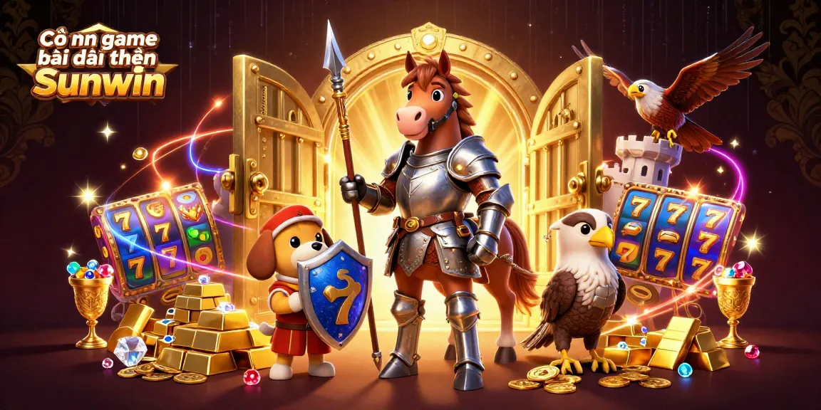 Cổng game bài đổi thưởng Sunwin features an armored knight, a puppy squire, and a falcon amid vibrant slot reels and gold treasure.