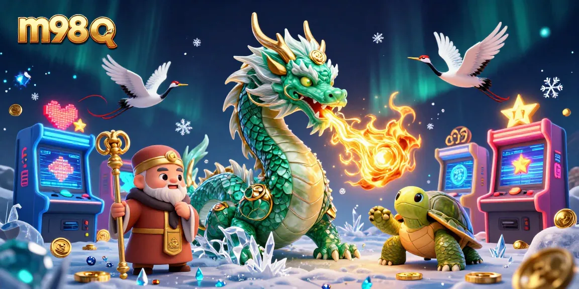 Immerse in the m98 q experience with vibrant dragons and lucky cranes amidst arcade gaming action.