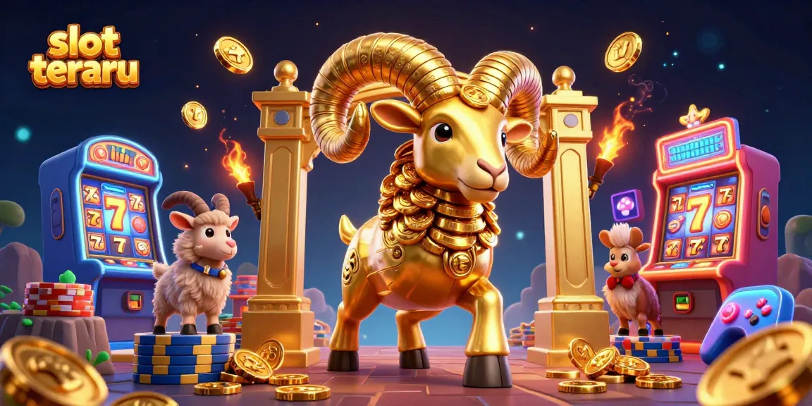 Engage in the excitement of slot terbaru with a charging golden ram, surrounded by vibrant arcade game elements, in a captivating illustration.