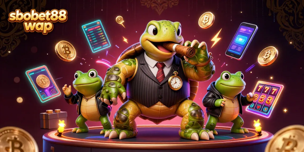 Engage with sbobet88 wap while enjoying exciting slots illustrated with cartoon turtle and bullfrog enforcers.